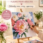 Un kit de peinture par numéro pour adultes illustré avec des fleurs colorées.