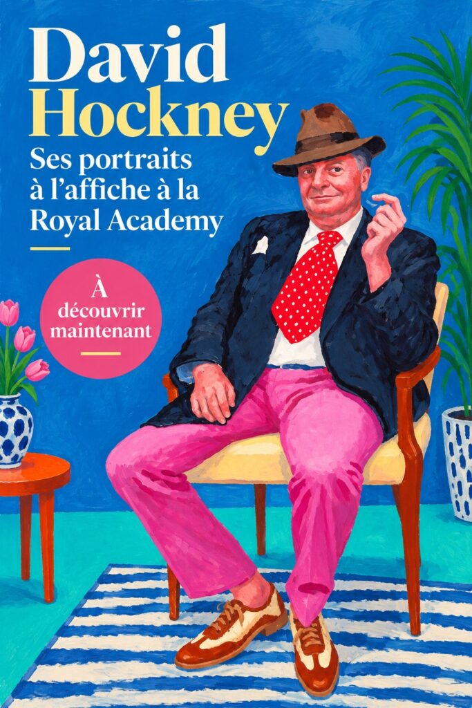 Vue d'un portrait vibrant de David Hockney exposé à la Royal Academy, illustrant son style caractéristique.