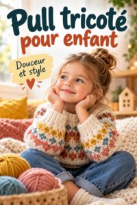 Pull tricoté coloré pour enfant porté par un enfant dans un parc