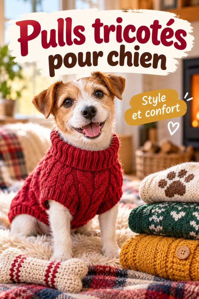 Un chien mignon portant un pull tricoté coloré dans un parc en hiver