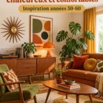 Salon chaleureux et moderne avec des éléments vintage, agrémenté de coussins et de couleurs apaisantes.