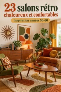 Salon chaleureux et moderne avec des éléments vintage, agrémenté de coussins et de couleurs apaisantes.