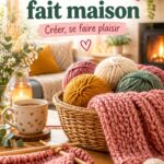 Un fouillis de pelotes de laine colorées avec des aiguilles à tricoter, symbolisant la créativité du tricot fait maison.