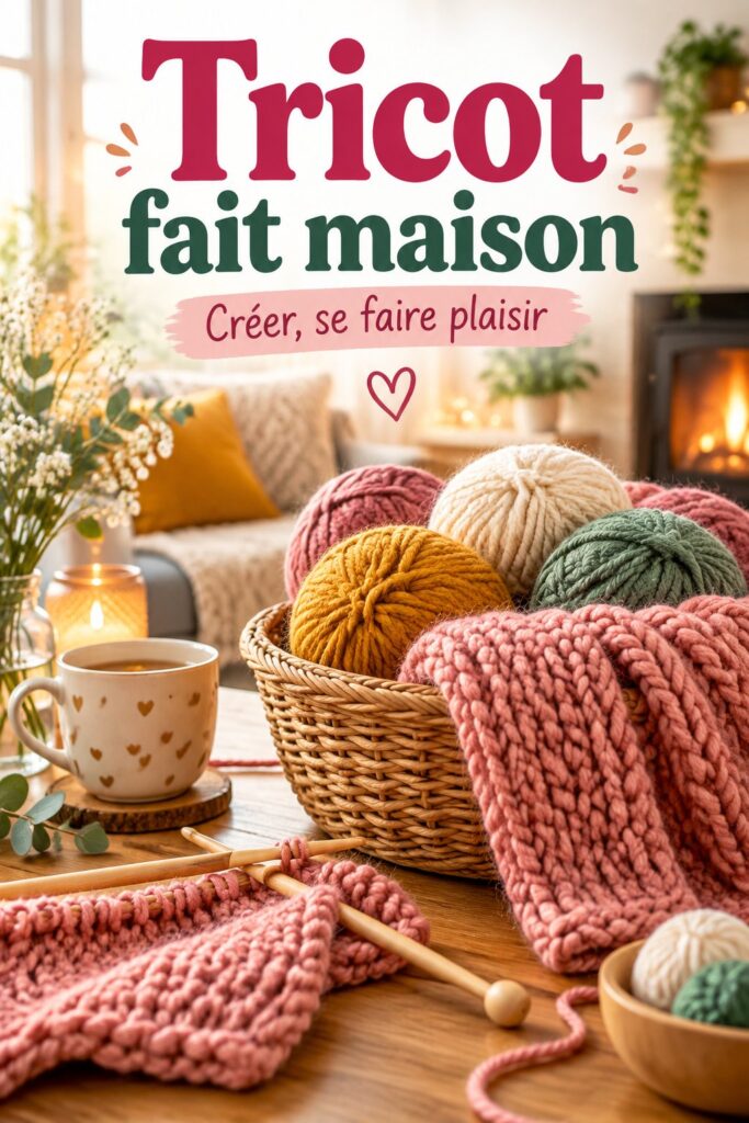 Un fouillis de pelotes de laine colorées avec des aiguilles à tricoter, symbolisant la créativité du tricot fait maison.