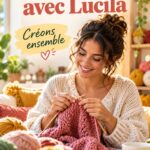 Image colorée de Lucila montrant des créations en tricot.