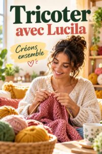 Image colorée de Lucila montrant des créations en tricot.